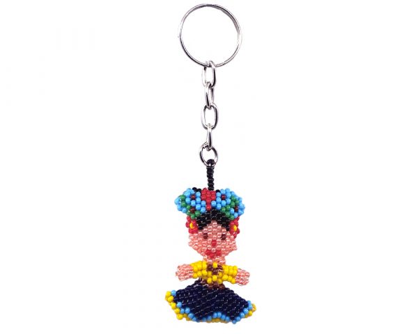 Handmade Czech glass seed bead figurine keychain of Frida Kahlo in peach, yellow, dark blue, light blue, black, red, and green color combination.