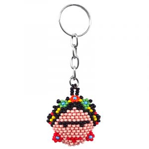 Handmade Czech glass seed bead figurine keychain of a Frida Kahlo head in peach, black, red, and multicolored color combination.