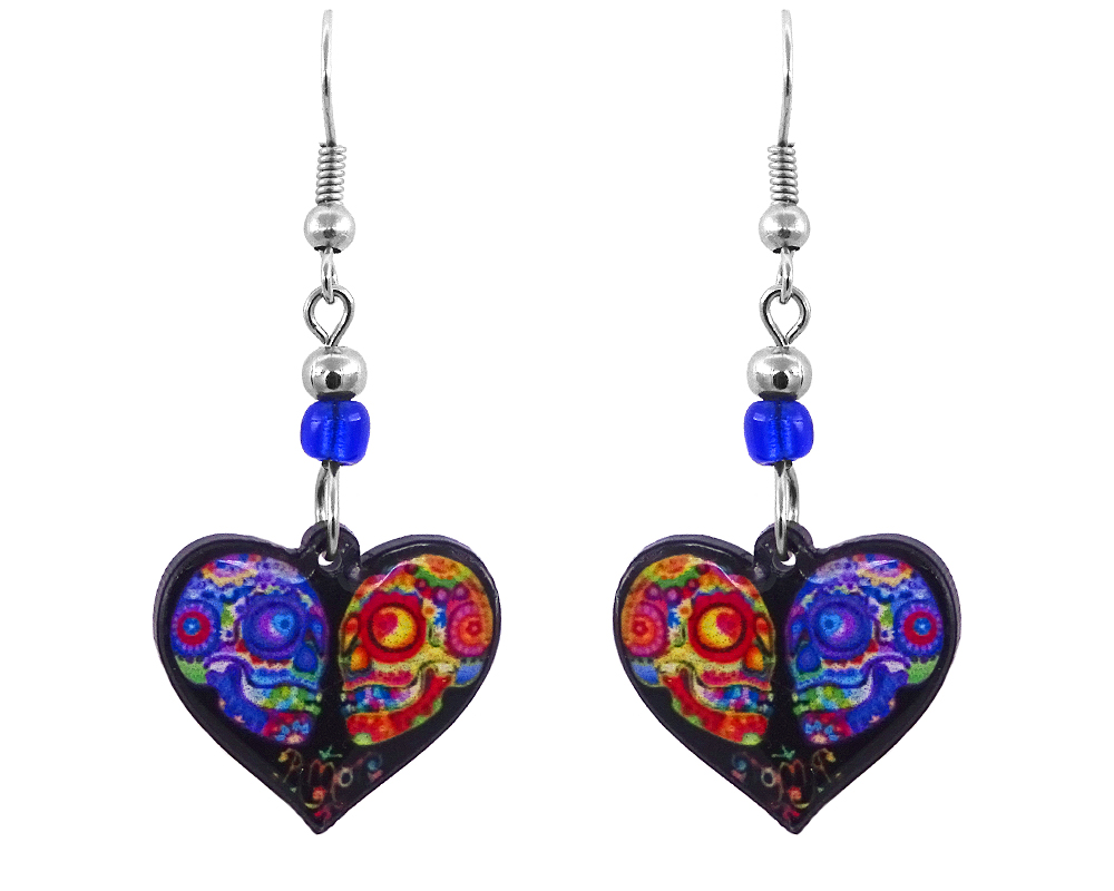 EA-040102090502 Handmade heart-shaped Day of the Dead sugar skull couple acrylic dangle earrings with beaded metal hooks in black and multicolored color combination.