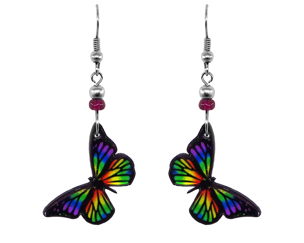 Handmade monarch butterfly earrings with acrylic, seed beads, and metal hooks in black and rainbow color combination.