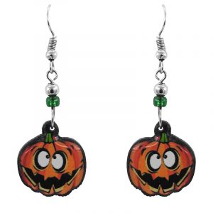 Handmade Halloween themed Jack O' Lantern pumpkin acrylic dangle earrings with beaded metal hooks in orange, light yellow, lime green, white, and black color combination.