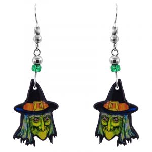 Handmade Halloween themed witch face acrylic dangle earrings with beaded metal hooks in lime green, orange, golden yellow, blue, black, and white color combination.