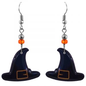 Handmade Halloween themed witch hat graphic acrylic dangle earrings with beaded metal hooks in black, dark navy blue, and golden yellow color combination.