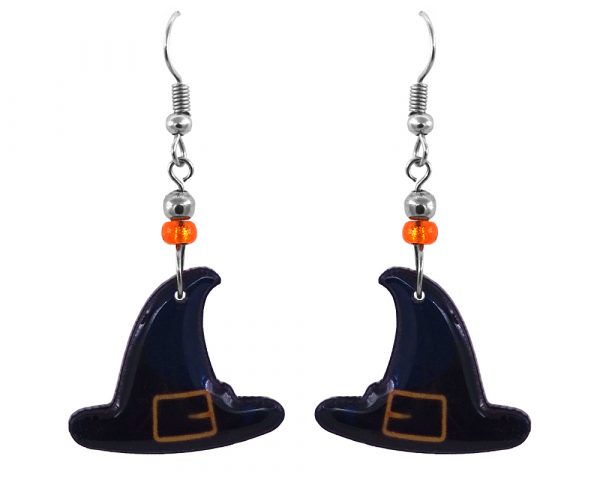 Handmade Halloween themed witch hat graphic acrylic dangle earrings with beaded metal hooks in black, dark navy blue, and golden yellow color combination.