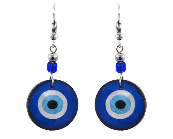 Handmade round-shaped evil eye nazar acrylic dangle earrings with beaded metal hooks in blue, white, light blue, and black color combination.