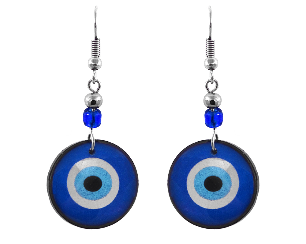 Handmade round-shaped evil eye nazar acrylic dangle earrings with beaded metal hooks in blue, white, light blue, and black color combination.