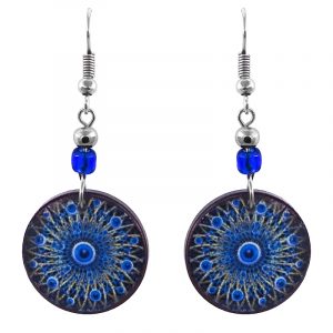 Handmade round-shaped psychedelic mandala evil eye acrylic dangle earrings with beaded metal hooks in blue, black, white, and light yellow color combination.