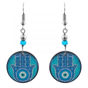 Handmade round-shaped hamsa hand evil eye nazar acrylic dangle earrings with beaded metal hooks in turquoise, blue, light blue, white, and black color combination.