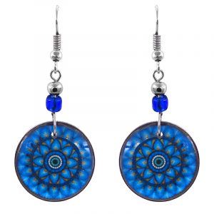 Handmade round-shaped floral mandala evil eye acrylic dangle earrings with beaded metal hooks in turquoise, blue, yellow, white, and black color combination.