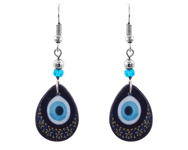 Handmade teardrop-shaped mandala evil eye acrylic dangle earrings with beaded metal hooks in black, dark navy blue, light blue, light yellow, black, and white color combination.