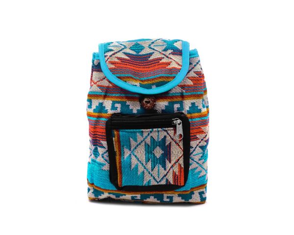 Handmade mini cushioned flap backpack bag with multicolored Aztec inspired tribal print pattern material in turquoise blue, neon orange, beige, teal, and golden yellow color combination.