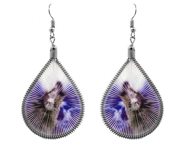 Teardrop-shaped thread dangle earrings with alpaca silver wire and howling wolf graphic image in blue, white, gray, and black color combination.