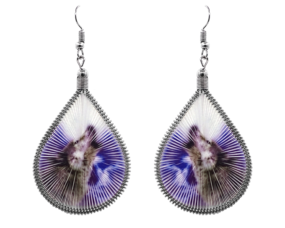 EA-010806000519 Teardrop-shaped thread dangle earrings with alpaca silver wire and howling wolf graphic image in blue, white, gray, and black color combination.