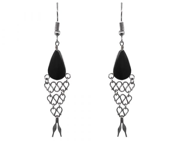 Handmade teardrop-cut gemstone cabochon earrings with alpaca silver metal fish tail chain dangle in black onyx.