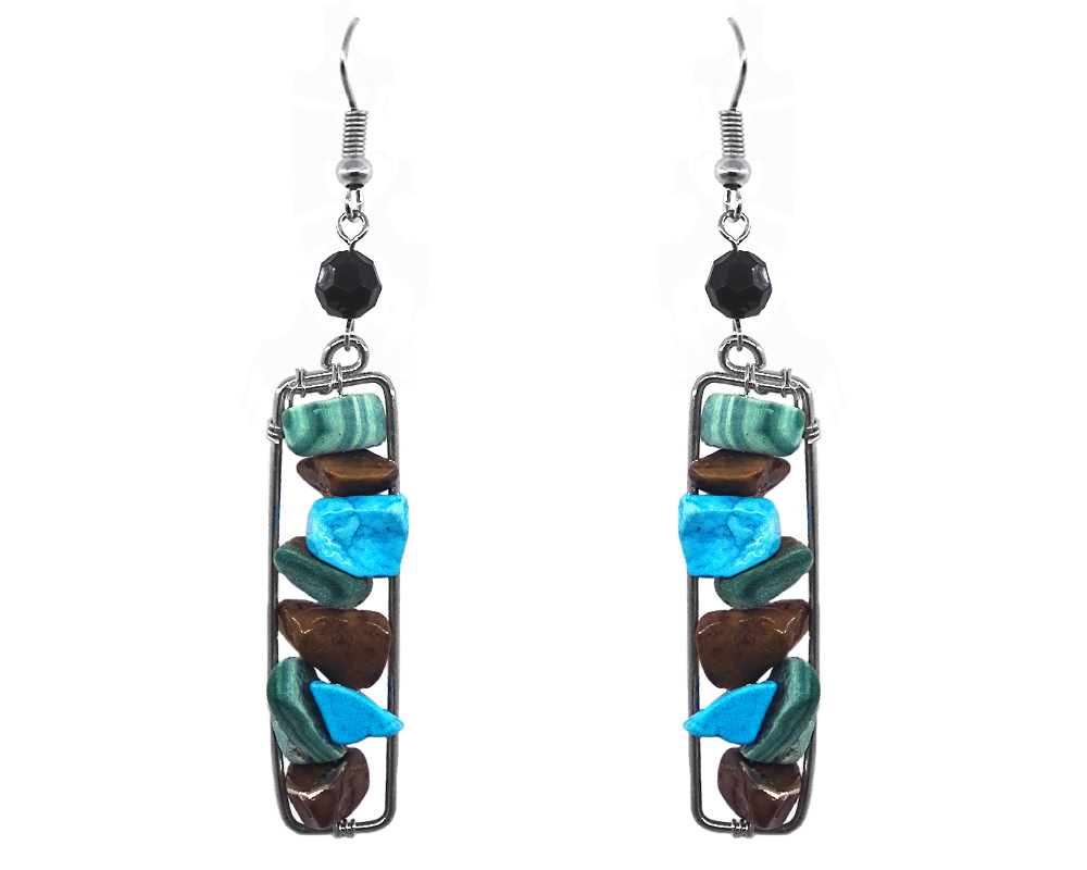 EA-020203350804 Handmade long rectangle-shaped alpaca silver metal and tumbled chip stone vertical dangle earrings with crystal beaded hooks in turquoise howlite, green malachite, and brown tiger's eye color combination.