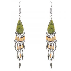 Teardrop Stone Bamboo Fringe Earrings
