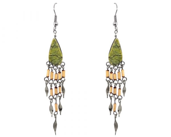 Handmade teardrop-cut gemstone cabochon earrings with long wooden bamboo and alpaca silver metal dangles in olive green serpentine.