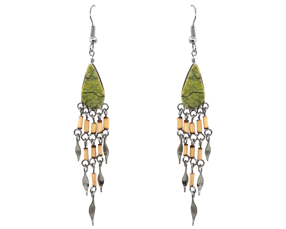 EA-021001643890 Handmade teardrop-cut gemstone cabochon earrings with long wooden bamboo and alpaca silver metal dangles in olive green serpentine.