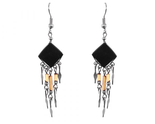 Handmade diamond-cut gemstone cabochon earrings with wooden bamboo and alpaca silver metal dangles in black onyx.