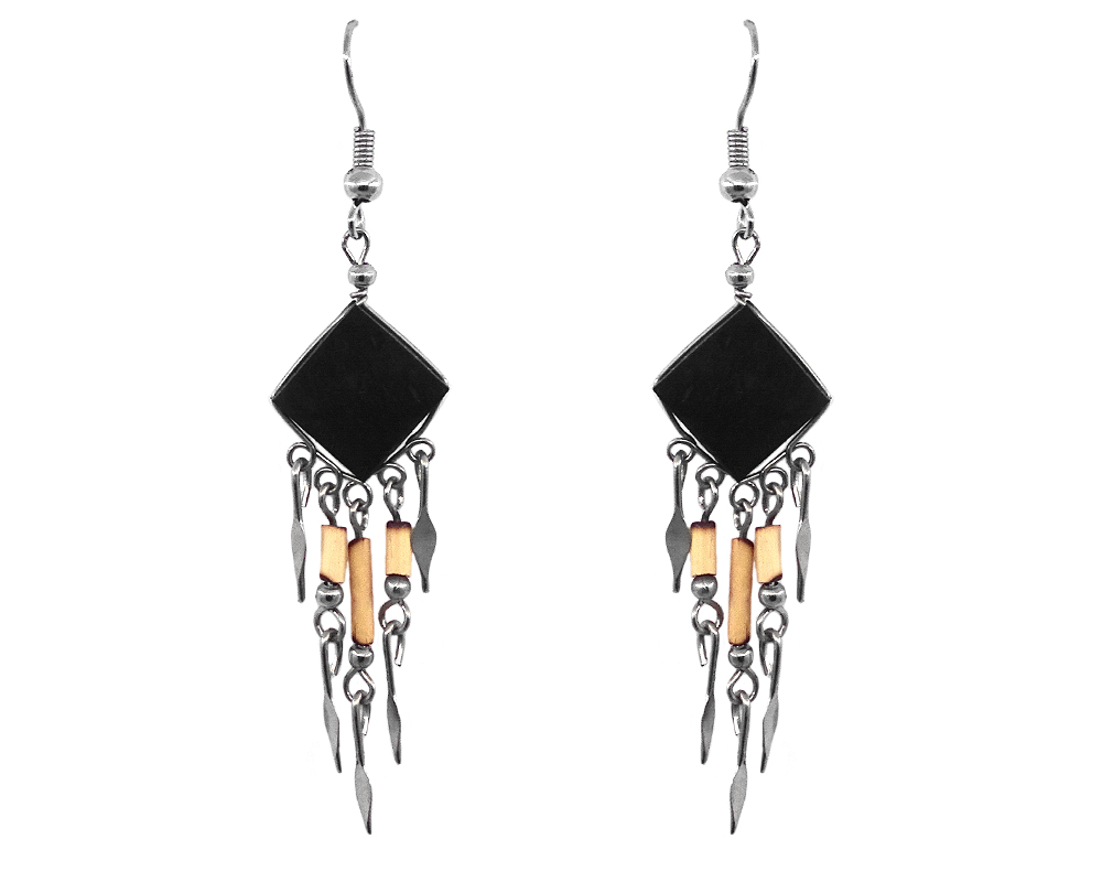 EA-021002093890 Handmade diamond-cut gemstone cabochon earrings with wooden bamboo and alpaca silver metal dangles in black onyx.