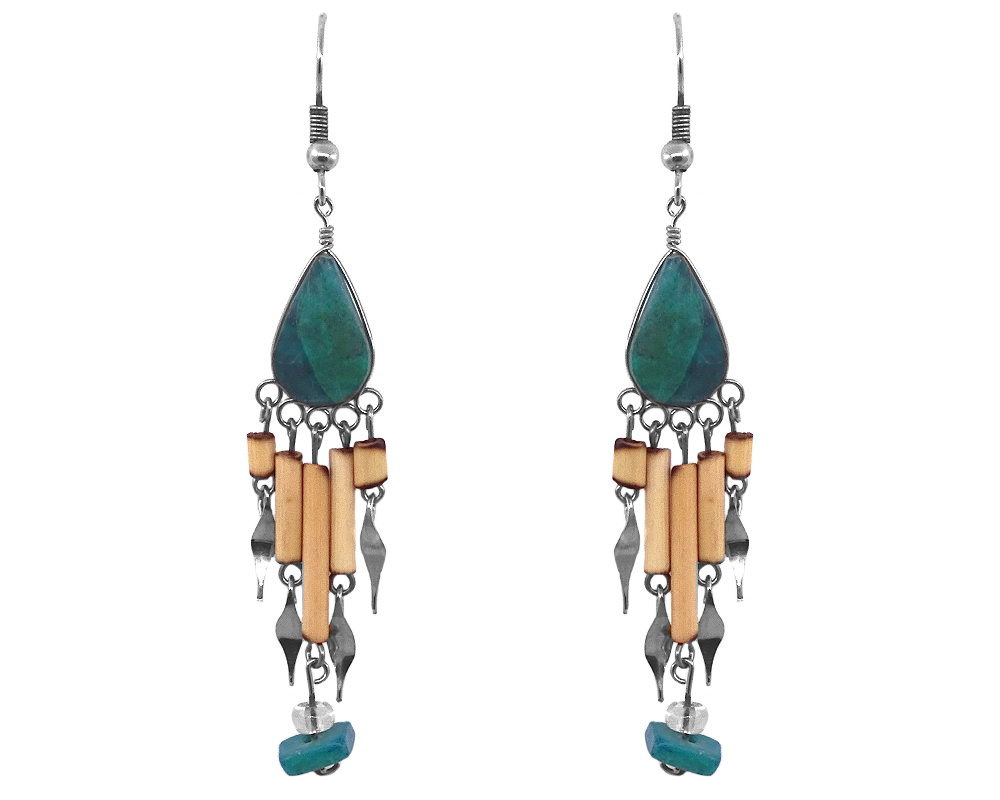 EA-021003543890 Handmade teardrop-cut gemstone cabochon earrings with long wooden bamboo, chip stone, and alpaca silver metal dangles in teal green chrysocolla.