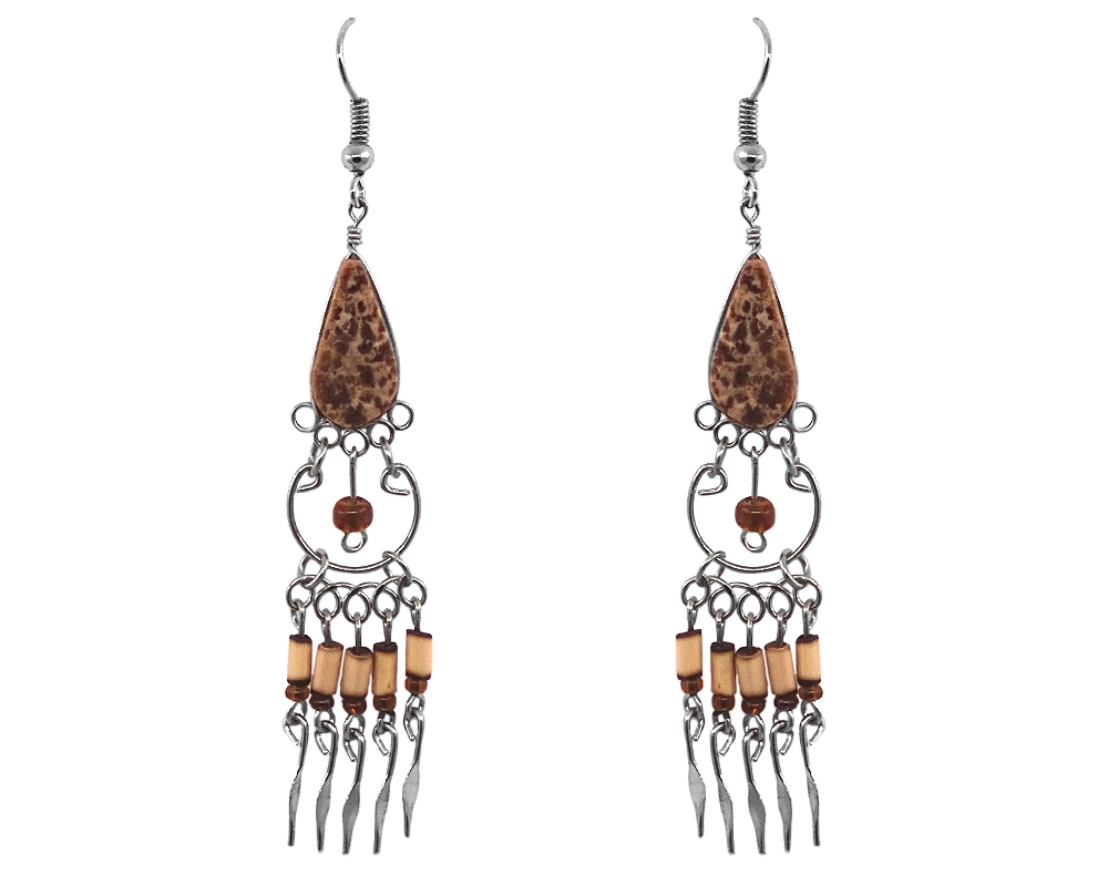 Handmade teardrop-cut gemstone cabochon earrings with hoop and long wooden bamboo, seed bead, and alpaca silver metal dangles in brown aragonite.