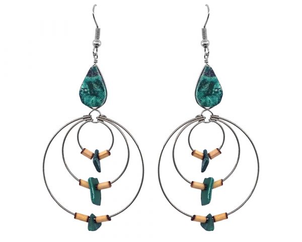 Handmade teardrop-cut gemstone cabochon earrings with wooden bamboo, chip stone, and alpaca silver metal triple hoop dangle in teal green chrysocolla.