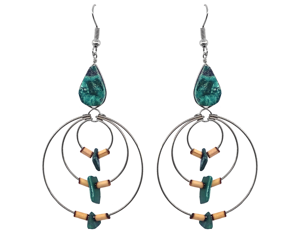 Handmade teardrop-cut gemstone cabochon earrings with wooden bamboo, chip stone, and alpaca silver metal triple hoop dangle in teal green chrysocolla.