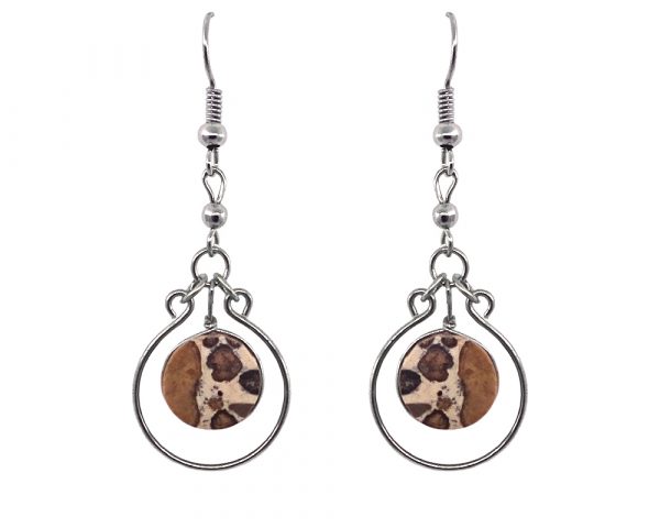 Handmade round circle-cut gemstone cabochon dangle earrings with alpaca silver metal hoop border in beige, tan, and brown leopardskin jasper.