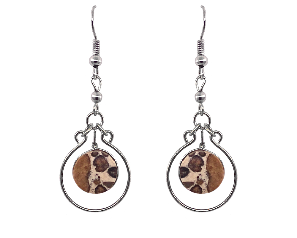 EA-021101380890 Handmade round circle-cut gemstone cabochon dangle earrings with alpaca silver metal hoop border in beige, tan, and brown leopardskin jasper.