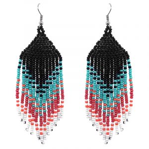 Handmade large long multicolored Czech glass seed bead fringe dangle earrings in black, turquoise mint, light red salmon, orange, and white color combination.