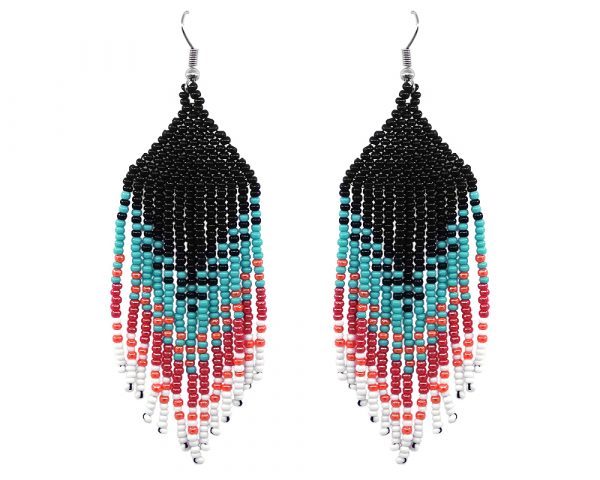 Handmade large long multicolored Czech glass seed bead fringe dangle earrings in black, turquoise mint, light red salmon, orange, and white color combination.