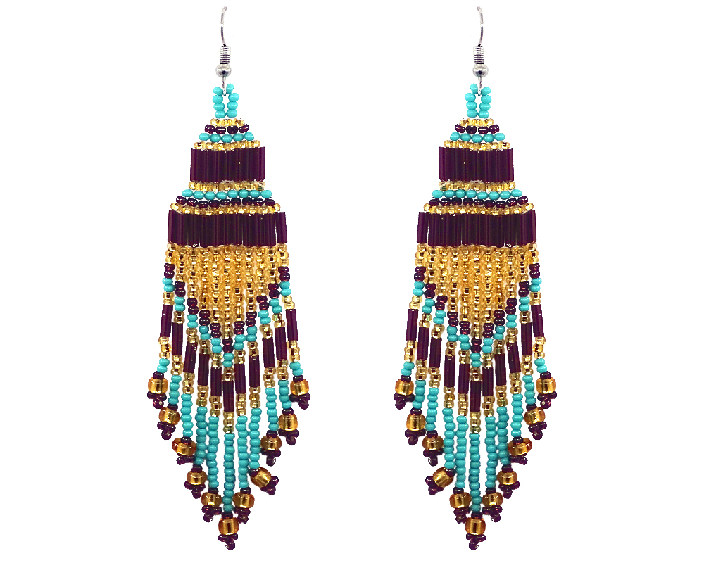 EA-030300463335 Handmade extra long multicolored Czech glass seed bead chandelier fringe dangle earrings in burgundy, turquoise mint, and gold color combination.