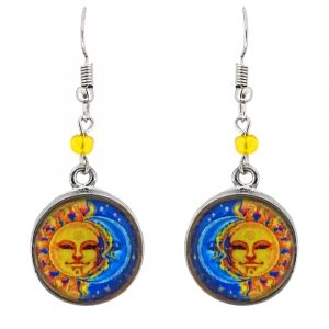 Handmade round-shaped New Age themed sun and moon graphic acrylic dangle earrings with silver metal setting and beaded metal hooks in golden yellow, orange, turquoise, and blue color combination.