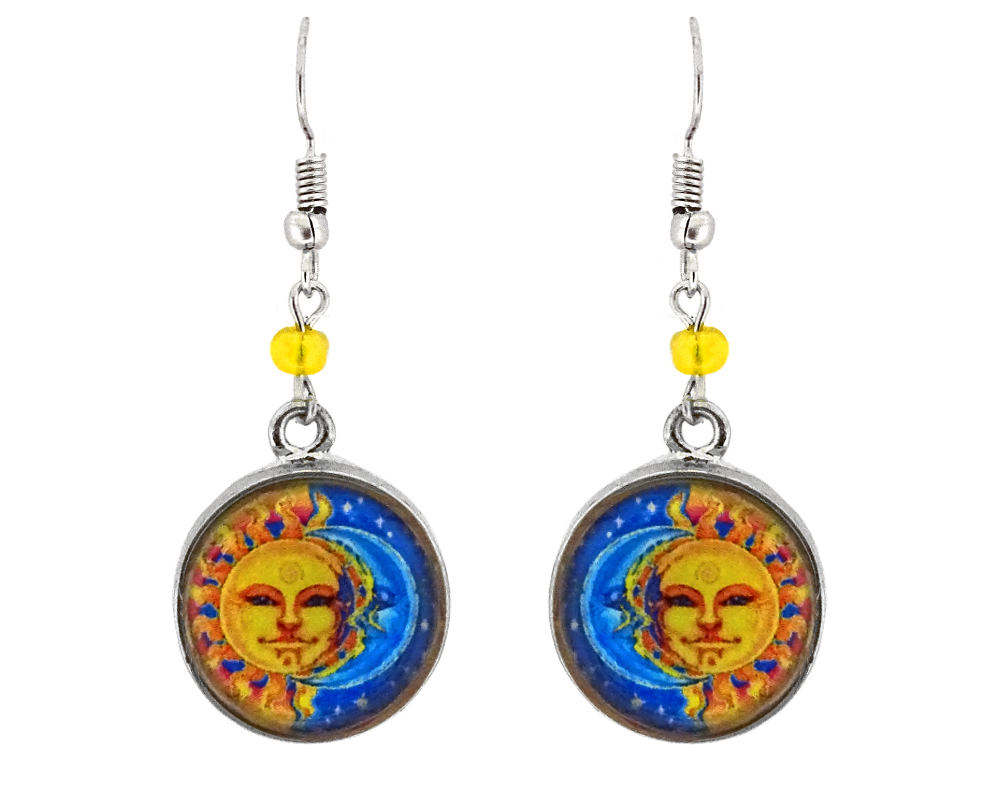 Handmade round-shaped New Age themed sun and moon graphic acrylic dangle earrings with silver metal setting and beaded metal hooks in golden yellow, orange, turquoise, and blue color combination.