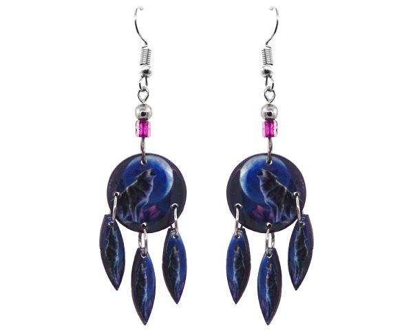Handmade round-shaped howling wolf graphic acrylic earrings with long matching dangles and beaded metal hooks in blue, black, and gray color combination.