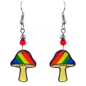 Handmade magic mushroom acrylic dangle earrings with beaded metal hooks with striped pattern in rainbow colors.