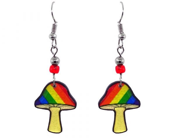 Handmade magic mushroom acrylic dangle earrings with beaded metal hooks with striped pattern in rainbow colors.