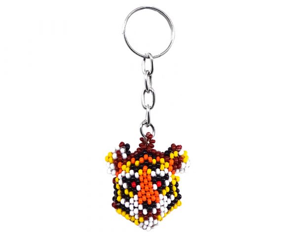 Handmade Czech glass seed bead figurine keychain of a tiger head in orange, yellow, brown, black and white color combination.