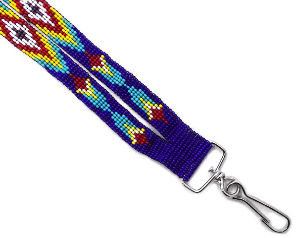 Handmade Czech glass seed bead wide strap lanyard with multicolored Native American inspired diamond pattern design and silver metal swivel hook clasp in blue, turquoise, yellow, red, white, and dark purple color combination.