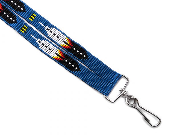 Handmade Czech glass seed bead wide strap lanyard with multicolored Native American inspired feather pattern design and silver metal swivel hook clasp in light blue, white, yellow, orange, red, and black color combination.