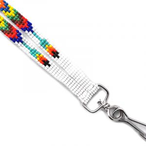 Handmade Czech glass seed bead thin strap lanyard with multicolored Native American inspired pattern design and silver metal swivel hook clasp in white, orange, turquoise, blue, yellow, green, brown, and red color combination.