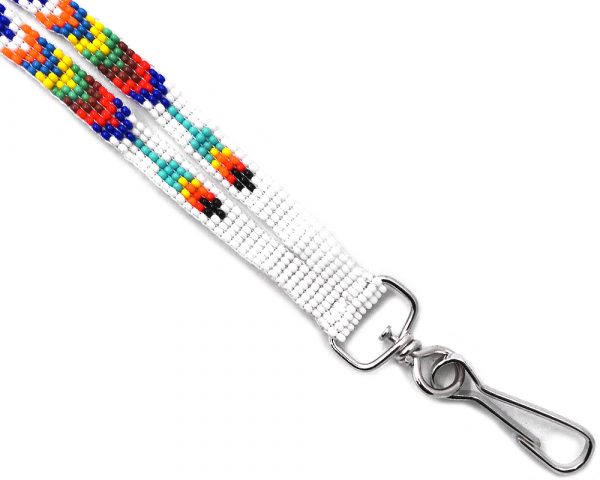 Handmade Czech glass seed bead thin strap lanyard with multicolored Native American inspired pattern design and silver metal swivel hook clasp in white, orange, turquoise, blue, yellow, green, brown, and red color combination.