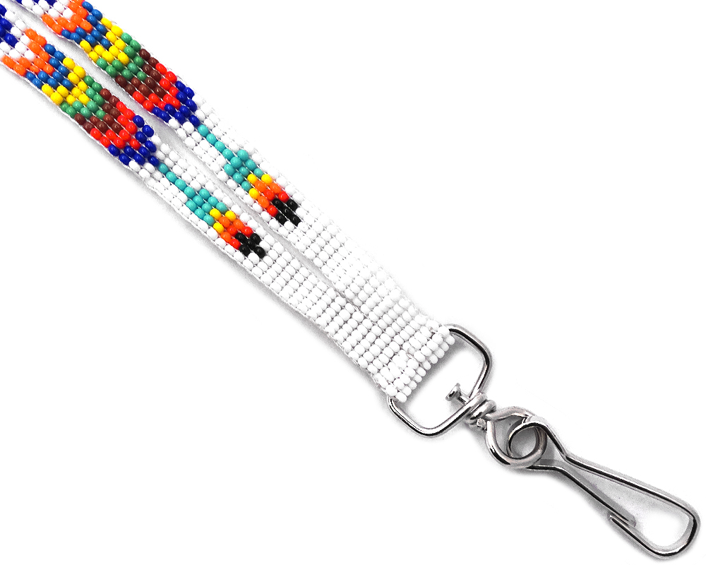 KC-060204000499 Handmade Czech glass seed bead thin strap lanyard with multicolored Native American inspired pattern design and silver metal swivel hook clasp in white, orange, turquoise, blue, yellow, green, brown, and red color combination.