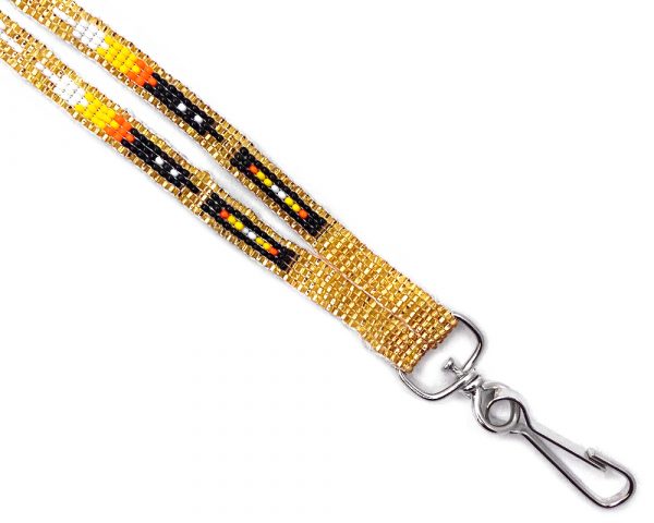 Handmade Czech glass seed bead thin strap lanyard with multicolored Native American inspired feather pattern design and silver metal swivel hook clasp in gold, white, yellow, orange, and black color combination.