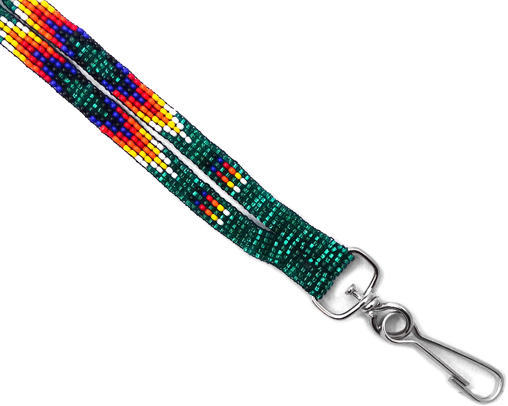 Handmade Czech glass seed bead thin strap lanyard with multicolored Native American inspired feather pattern design and silver metal swivel hook clasp in teal green, white, yellow, orange, red, blue, and black color combination.
