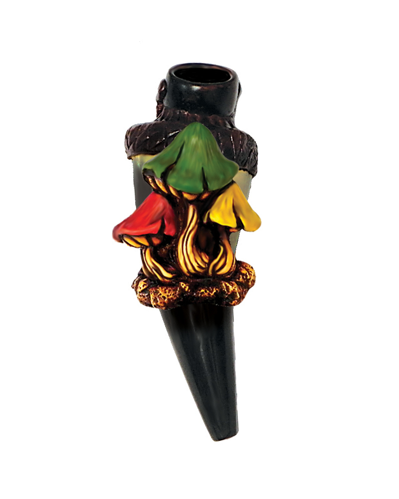 HP-020101 Handcrafted tobacco smoking natural bullhorn hand pipe of three mushrooms in Rasta colors.