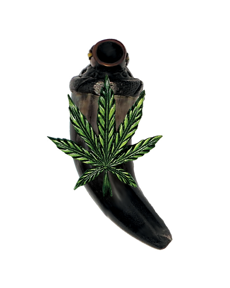 HP-020307 Handcrafted tobacco smoking natural bullhorn hand pipe of a cannabis pot leaf in green color.