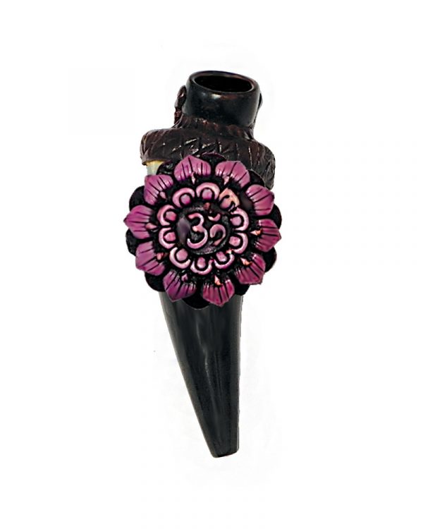 Handcrafted tobacco smoking natural bullhorn hand pipe of a Crown chakra symbol, represented by the Om sign and a violet-colored lotus flower.