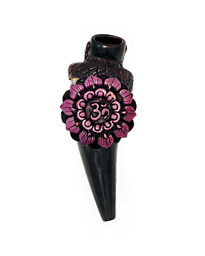 HP-030103 Handcrafted tobacco smoking natural bullhorn hand pipe of a Crown chakra symbol, represented by the Om sign and a violet-colored lotus flower.